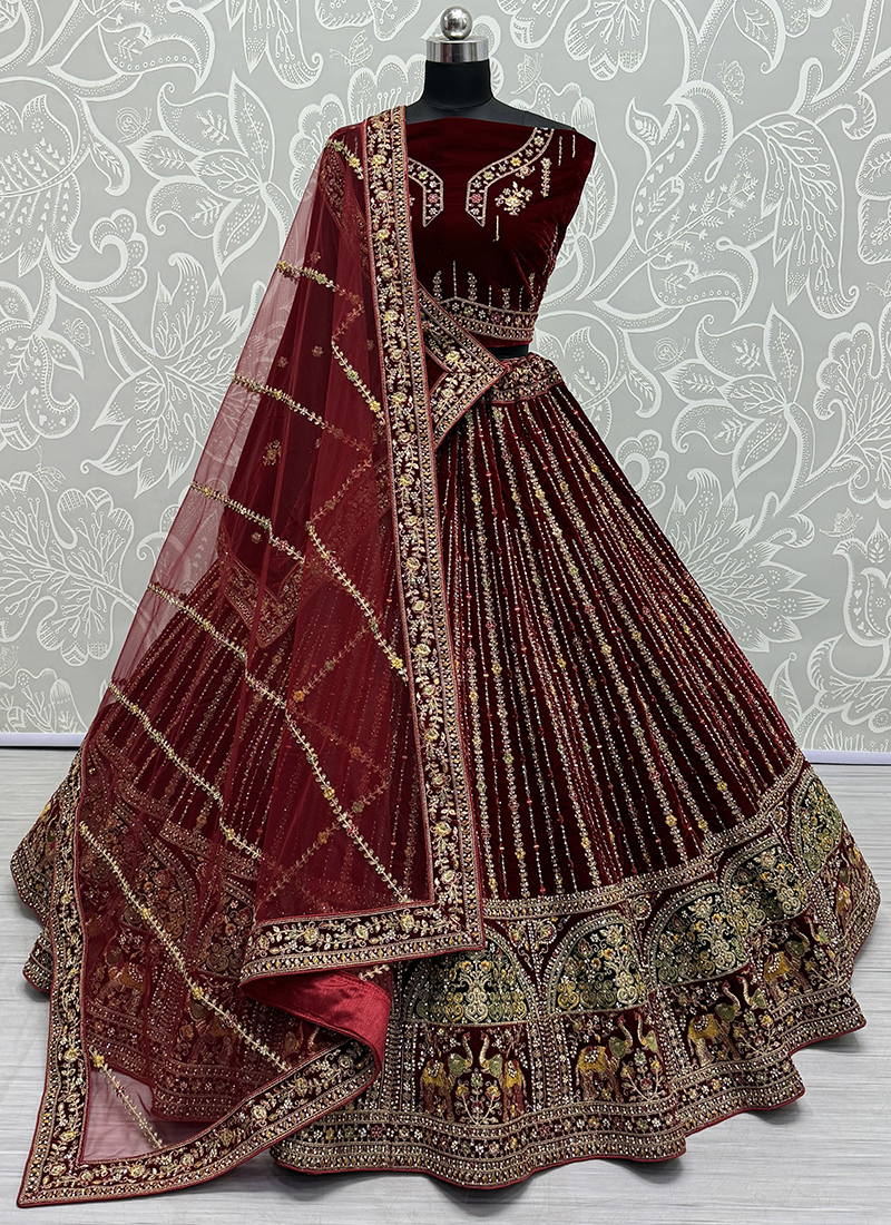 Maroon Embroidered Lehenga Choli - Rent